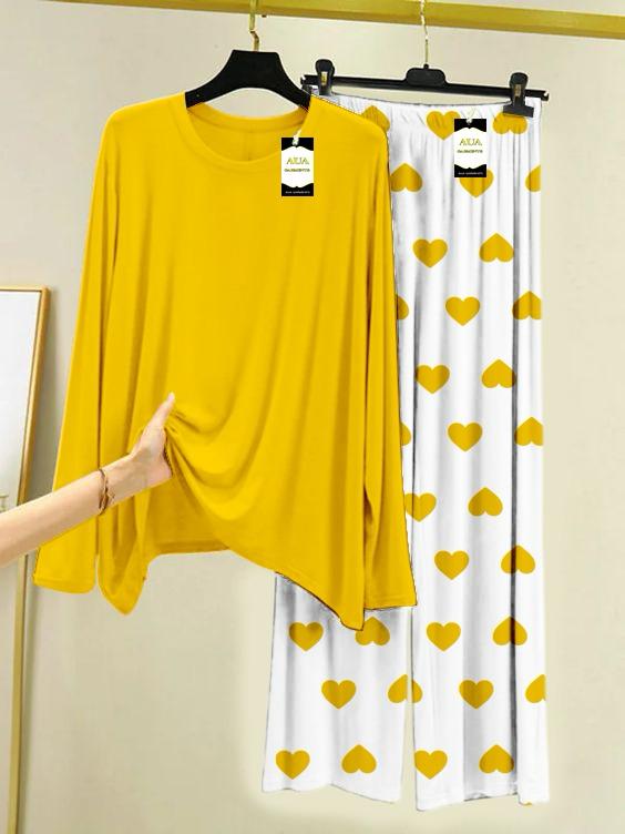 Yellow Plain Night Wear For Womens With Mini Heart Trouser - 06