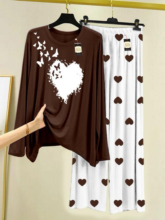 Brown Heart Butterfly Printed Night Wear For Womens With Mini Heart Trouser - 05