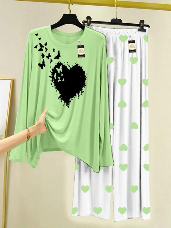 Sea Green Heart Butterfly Printed Night Wear For Womens With Mini Heart Trouser - 03