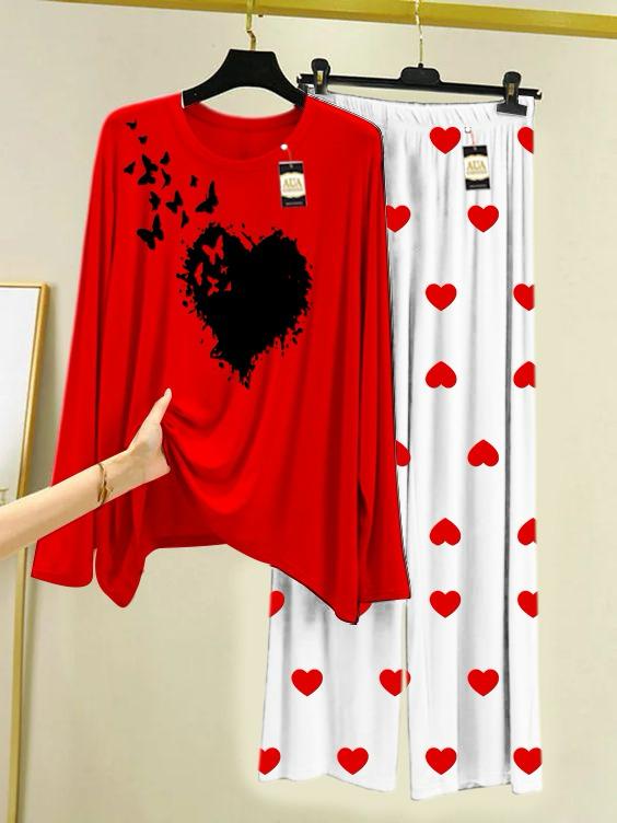 Red Heart Butterfly Printed Night Wear For Womens With Mini Heart Trouser - 03