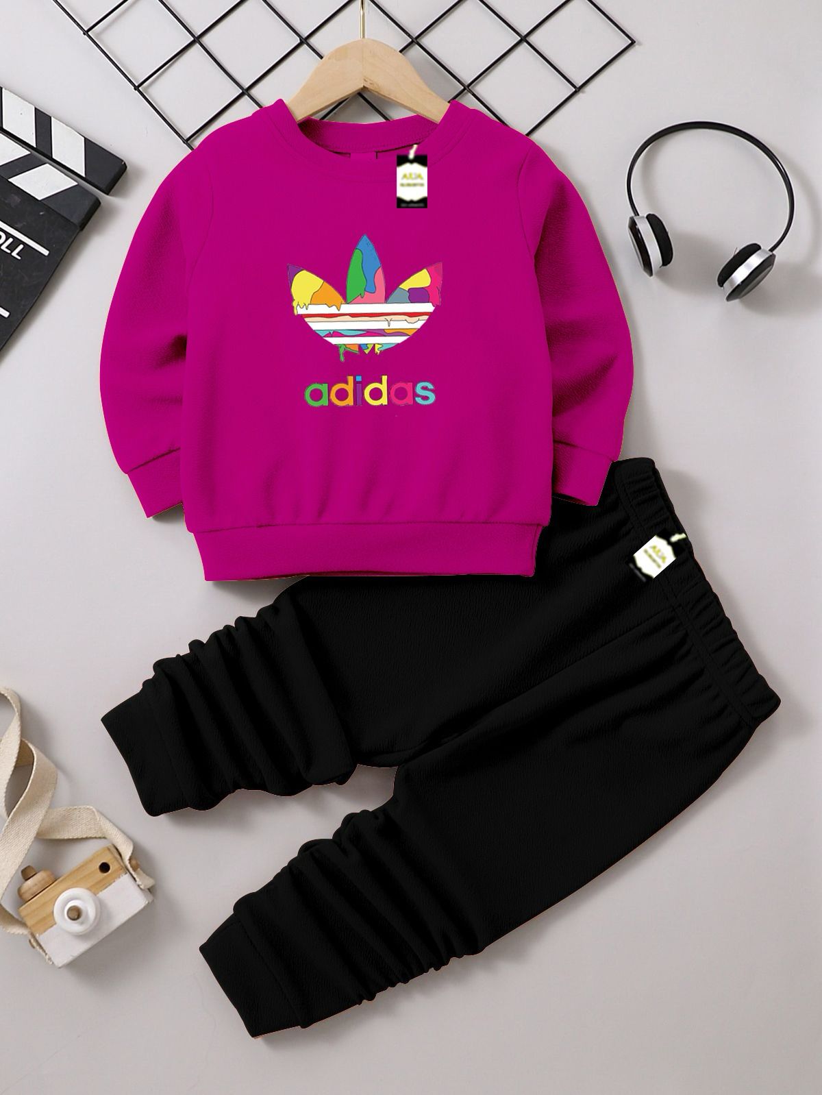 Dark Pink Black (Adidas) Printed Kids Tracksuit for Winter By SH Moon Wear