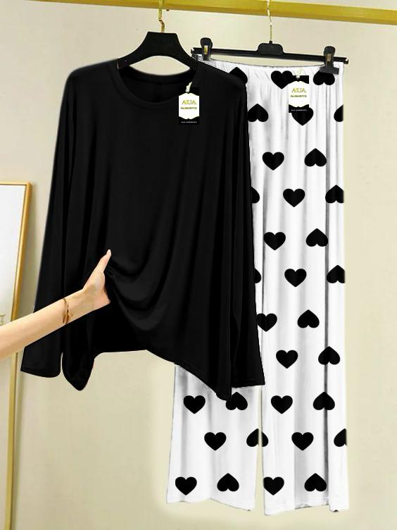 Black Plain Printed Night Wear For Womens With Mini Heart Trouser - 06
