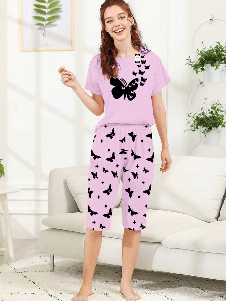 Capri Night Wear Mini Butterfly With Printed Troucer - Baby Pink -04