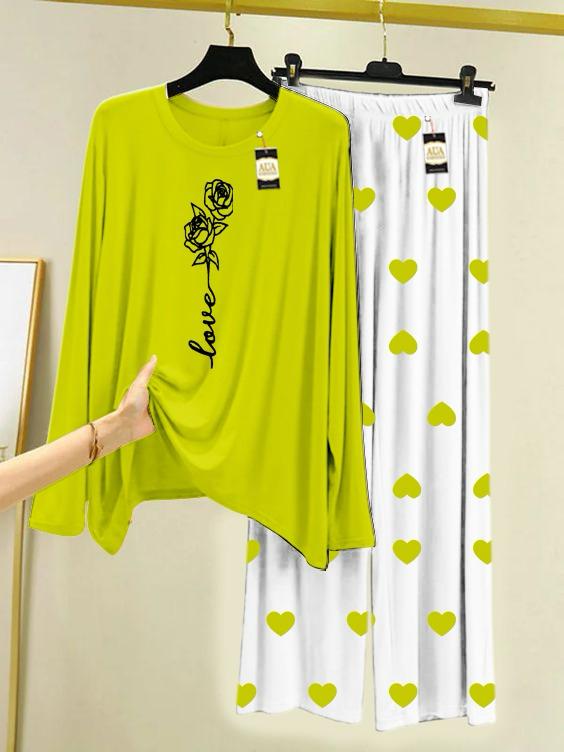 Green Rose Love Printed Night Wear For Womens With Mini Heart Trouser - 01