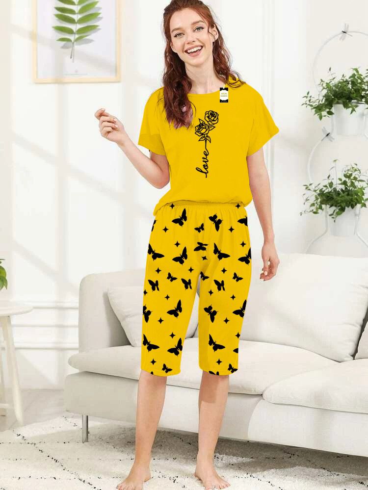 Capri Night Wear Rose Love With Printed Troucer - Yellow - 02