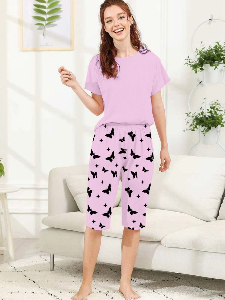Capri Night Wear Plain With Printed Troucer - Baby Pink -03