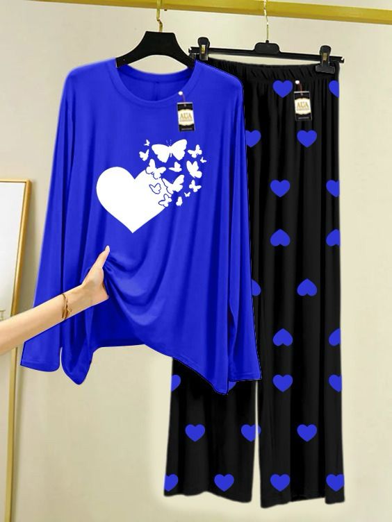 Royel Blue New Heart Printed Night Wear For Womens With Black Mini Heart Troucer - 25