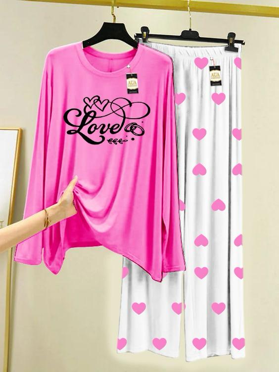 Dark Pink Love Printed Night Wear For Womens With Mini Heart Trouser - 02