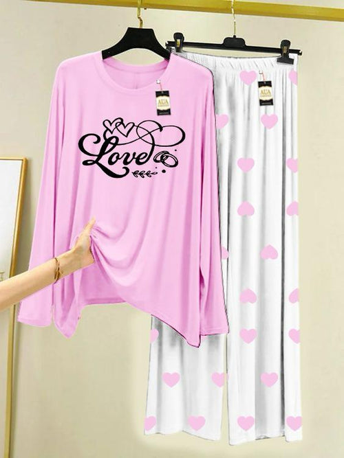 Baby Pink  Love Printed Night Wear For Womens With Mini Heart Trouser - 05