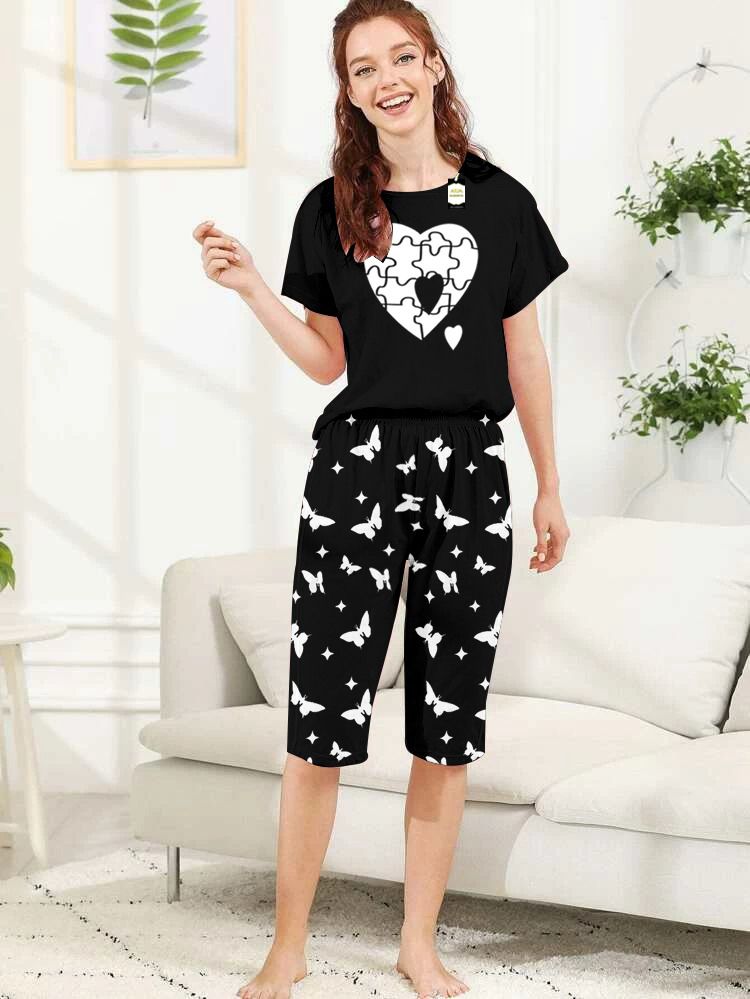 Capri Night Wear Puzzle Heart With Printed Troucer - Yellow -03