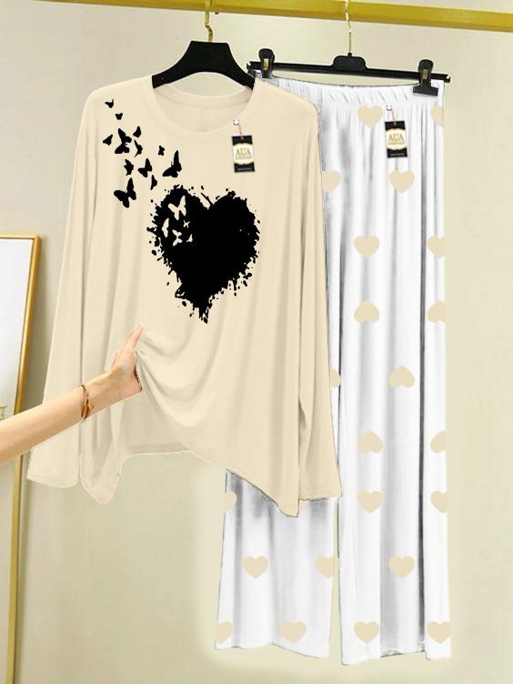 Beige Heart Butterfly Printed Night Wear For Womens With Mini Heart Trouser - 03