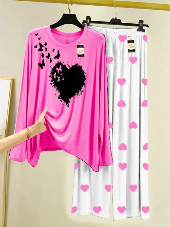 Dark Pink Heart Butterfly Printed Night Wear For Womens With Mini Heart Trouser - 03