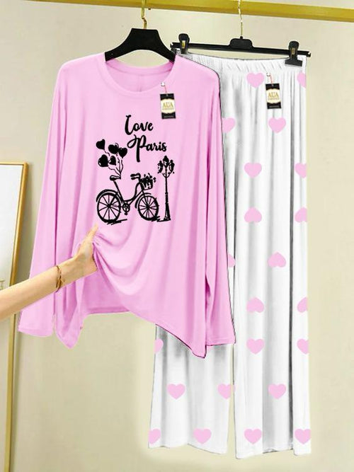 Baby Pink Love Paris Printed Night Wear For Womens With Mini Heart Trouser - 01