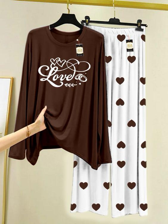 Brown Love  Printed Night Wear For Womens With Mini Heart Trouser - 04