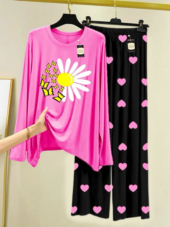 Dark Pink Butterfly Flower Printed Night Wear For Womens With Black Mini Heart Troucer - 20