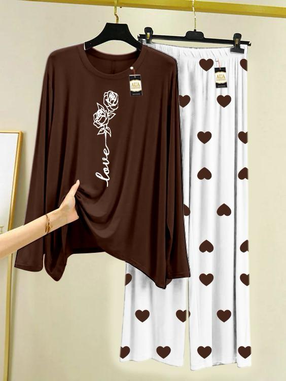 Brown Rose Love Printed Night Wear For Womens With Mini Heart Trouser - 03