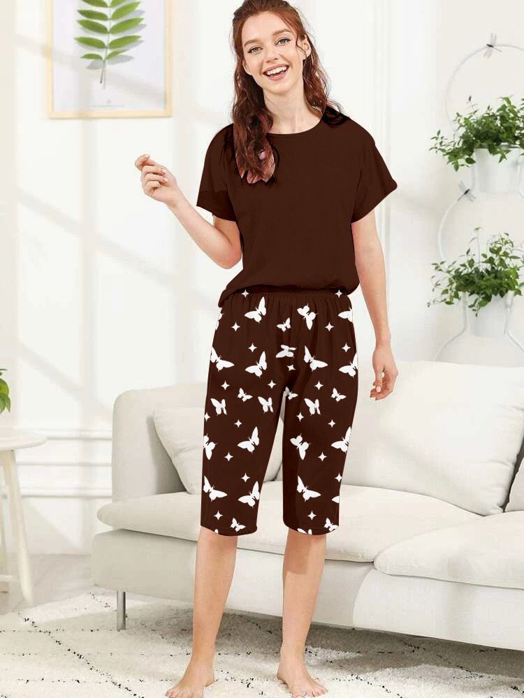 Capri Night Wear Plain With Printed Troucer - Brown -01