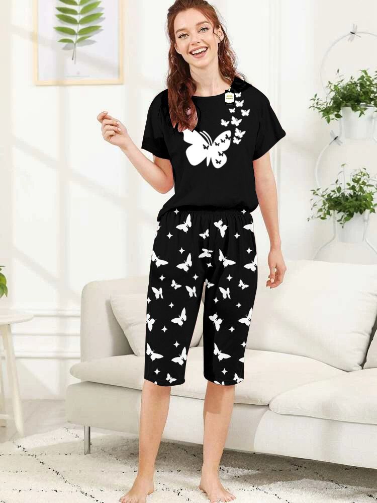 Capri Night Wear  With Printed Troucer - Black -05