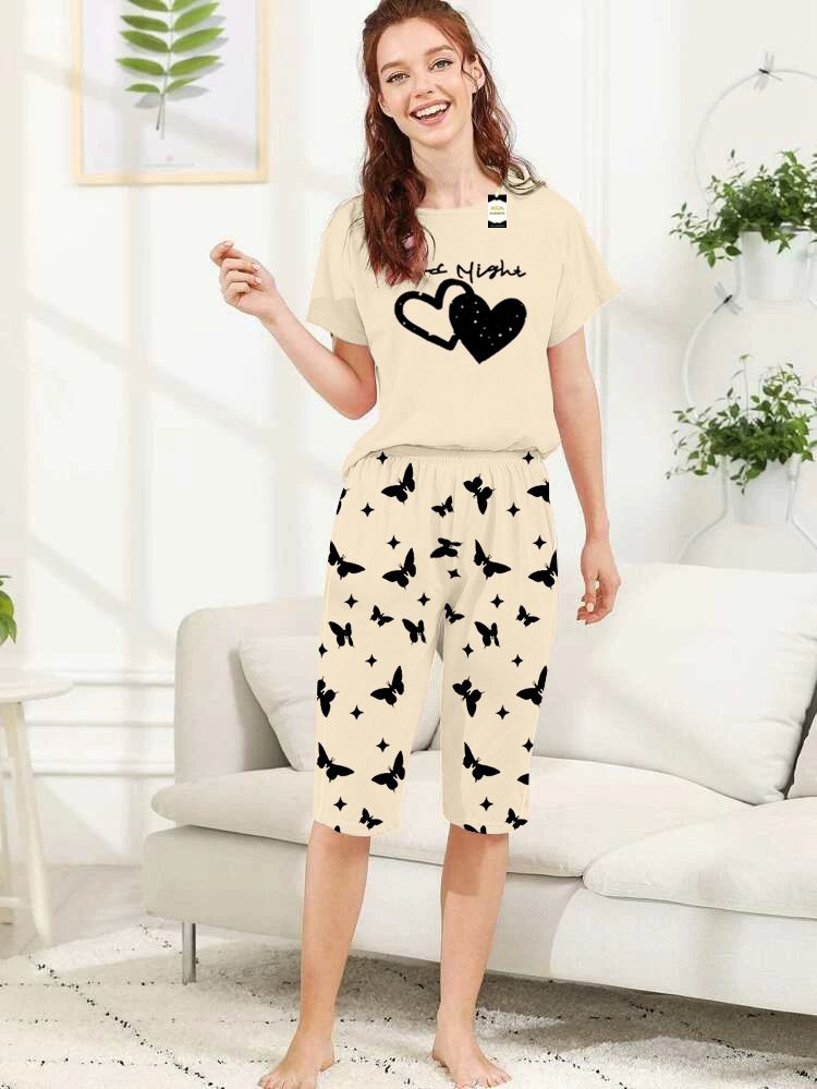 Capri Night Wear Good Night With Printed Troucer - Beige -03