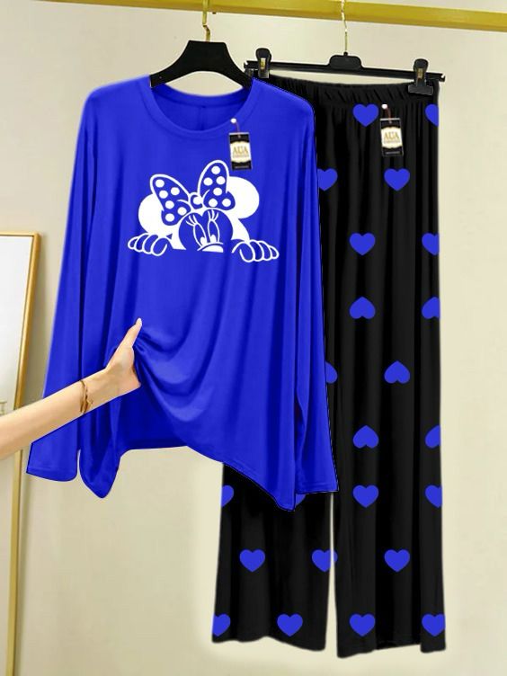 Royel Blue Micky Printed Night Wear For Womens With Black Mini Heart Troucer - 27