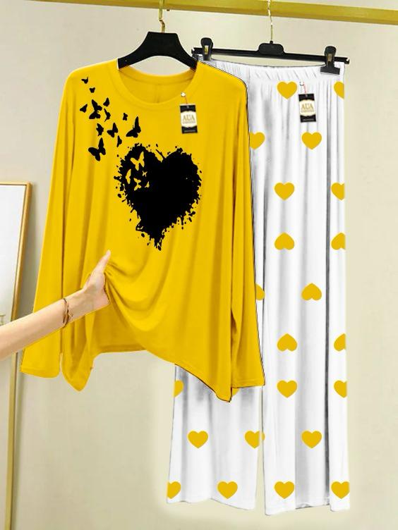 Yellow Heart Butterfly Printed Night Wear For Womens With Mini Heart Trouser - 03