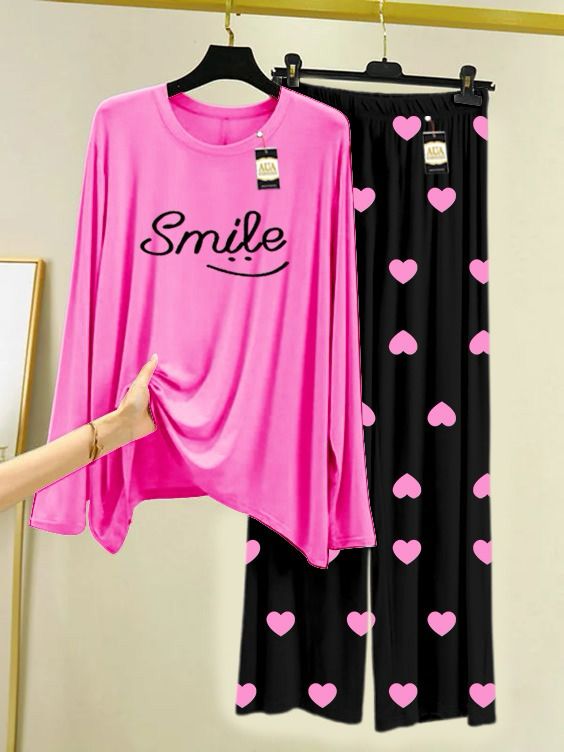 Dark Pink Smile Printed Night Wear For Womens With Black Mini Heart Troucer - 24