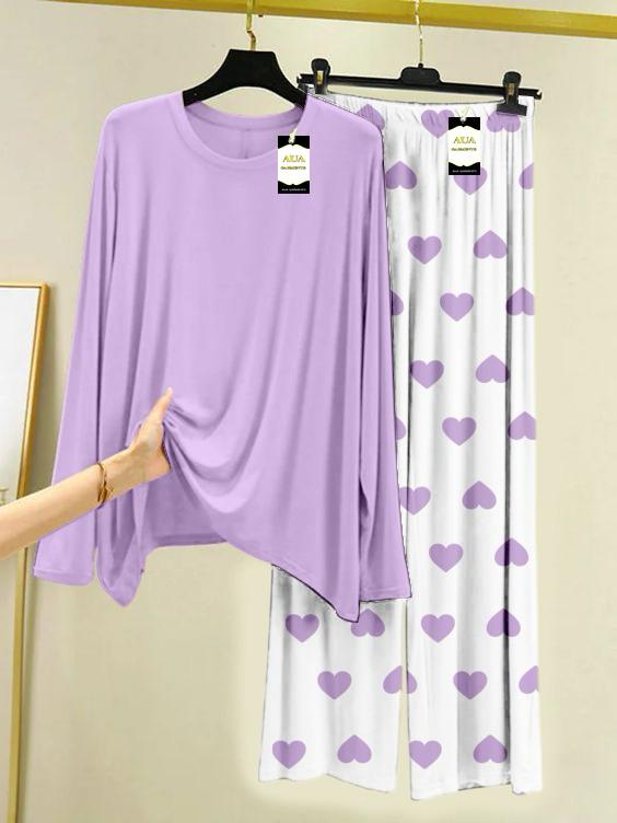 Purple Plain Night Wear For Womens With Mini Heart Trouser - 06