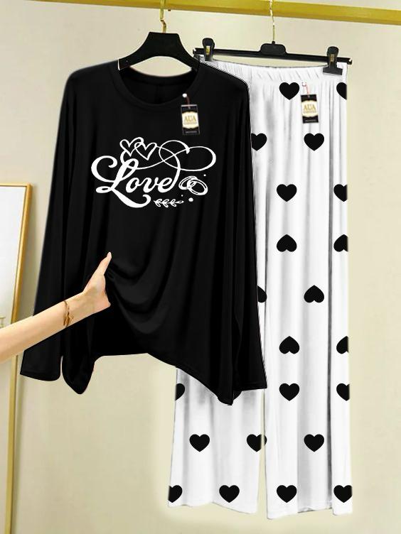 Black Love Printed Night Wear For Womens With Mini Heart Trouser - 05