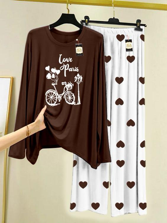 Brown Love Paris  Printed Night Wear For Womens With Mini Heart Trouser - 01