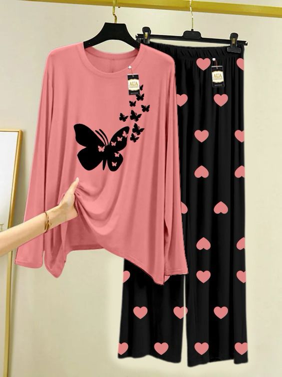 Peach Mini butterfly Printed Night Wear For Womens With Black Mini Heart Troucer - 11