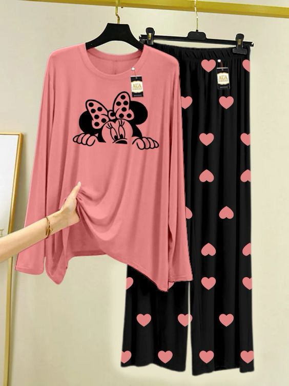 Peach Micky Printed Night Wear For Womens With Black Mini Heart Troucer - 09