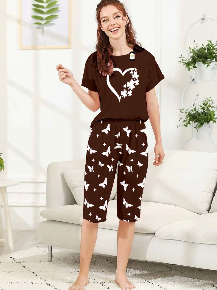 Capri Night Wear Women Heart With Printed Troucer - Brown -03