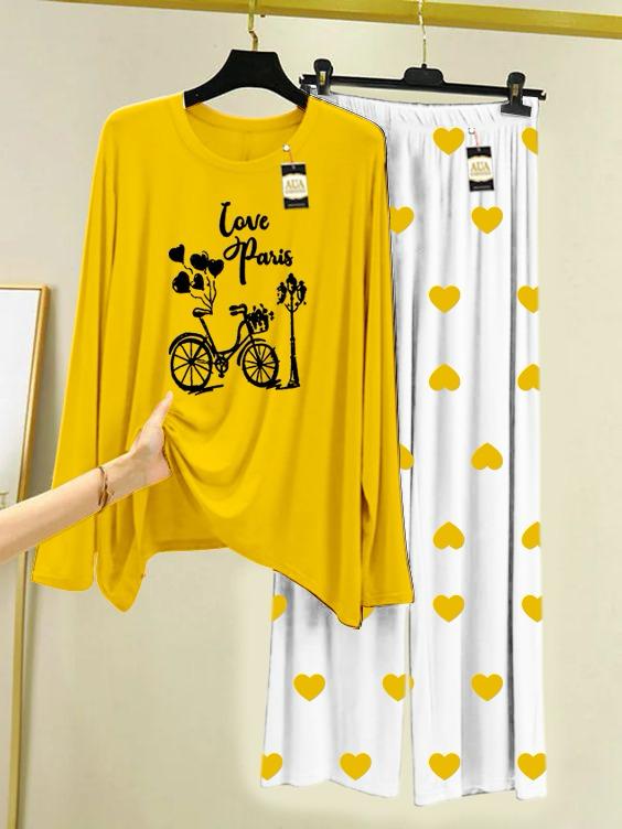 Yellow Love Pairs Printed Night Wear For Womens With Mini Heart Trouser - 01