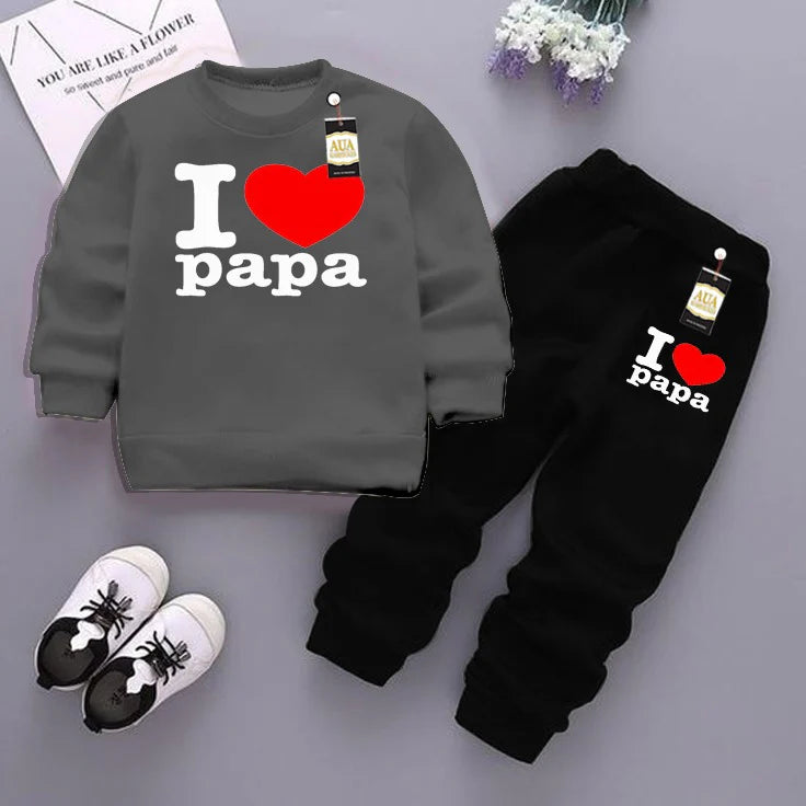 Dark Grey and Black (I love papa ) Printed Kids Tracksuit for Winter By SH Moon Wear