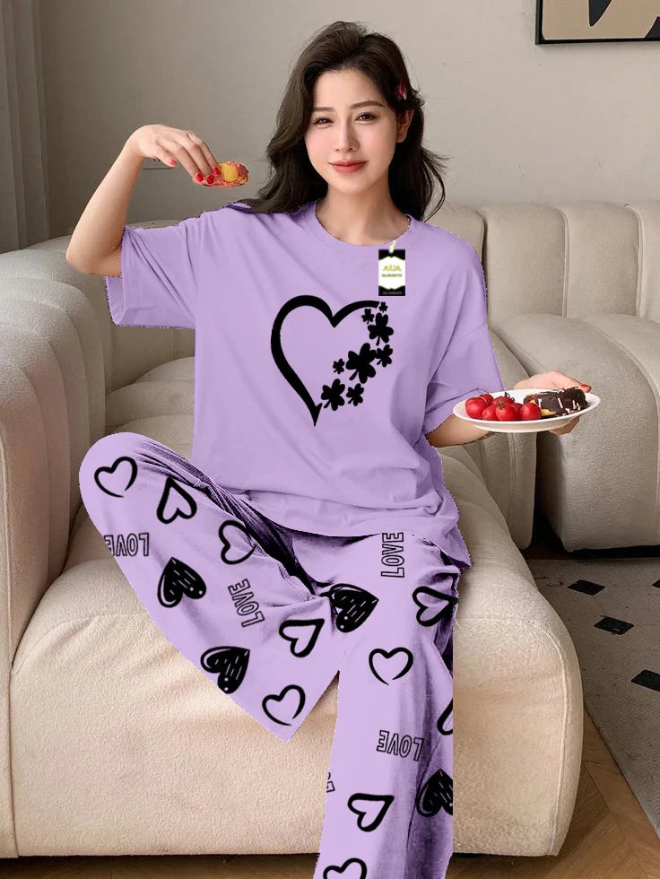 Purple Flower Heart Printed Nightwear Set With Love Heart Printed Trousers – Women's Lounge Wear