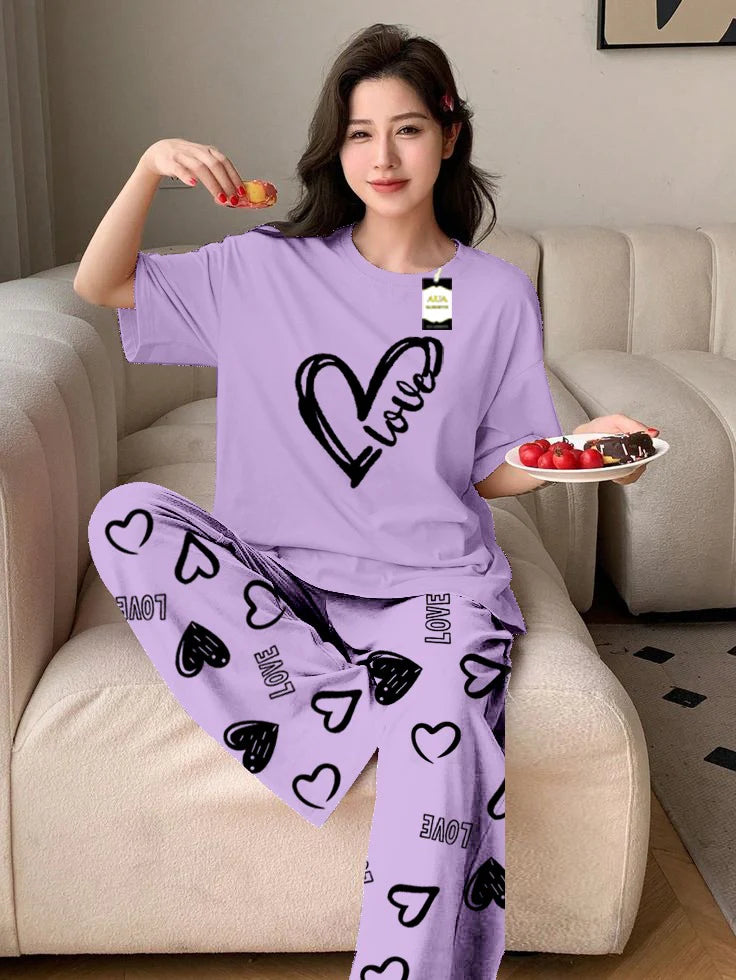 Purple Love Heart Printed Nightwear Set With Love Heart Printed Trousers – Women's Lounge Wear