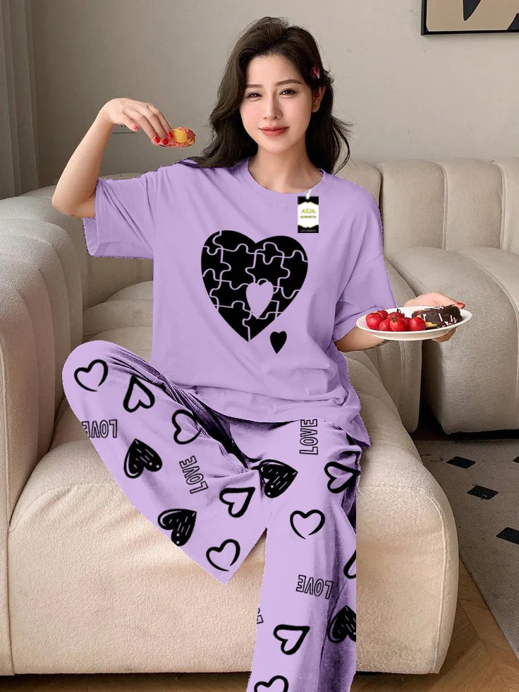 Purple Puzzel Heart Printed Nightwear Set With Love Heart Printed Trousers – Women's Lounge Wear