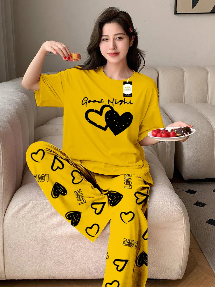 Yellow Good Night Printed Nightwear Set With Love Heart Printed Trousers – Women's Lounge Wear