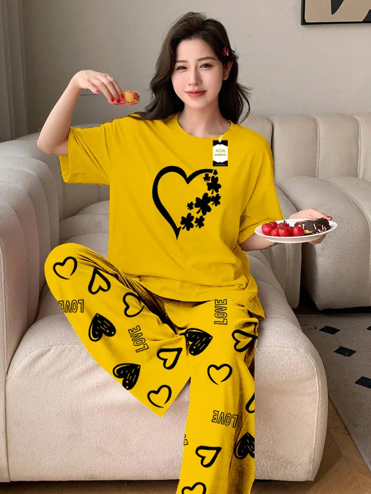 yellow women Heart Printed Nightwear Set With Love Heart Printed Trousers – Women's Lounge Wear
