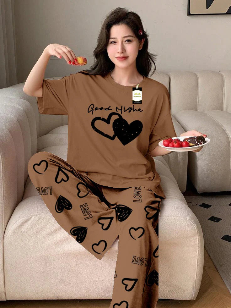 Beige good Night Printed Nightwear Set With Love Heart Printed Trousers – Women's Lounge Wear