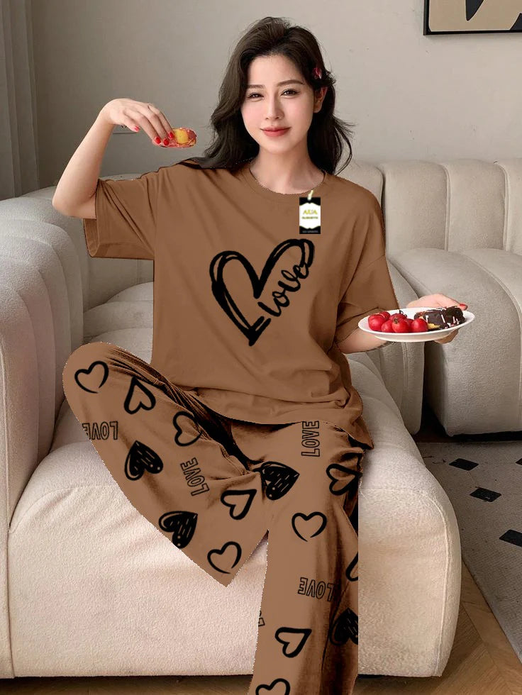 Beige Love Heart Printed Nightwear Set With Love Heart Printed Trousers – Women's Lounge Wear