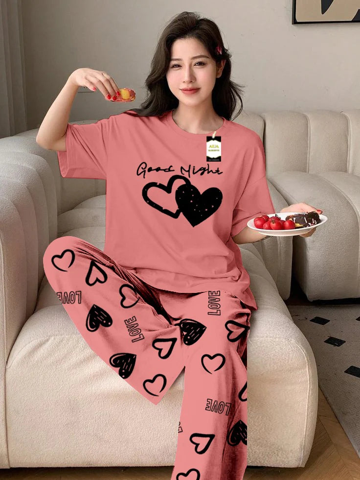 Peach Good Night Printed Nightwear Set With Love Heart Printed Trousers – Women's Lounge Wear