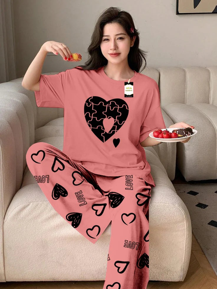 Peach Puzzel Heart Printed Nightwear Set With Love Heart Printed Trousers – Women's Lounge Wear