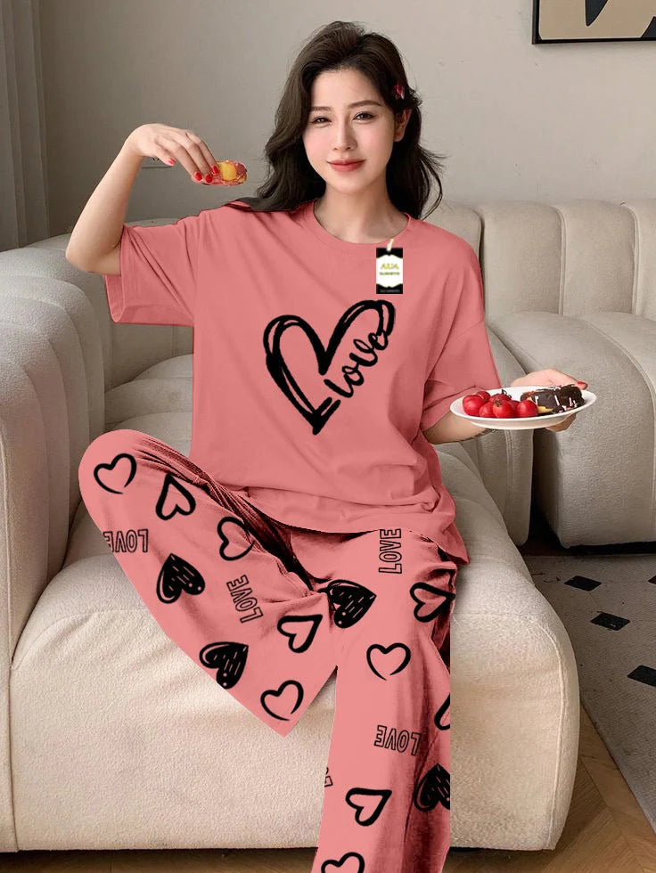 PEACH LOVE HEART Printed Nightwear Set With Love Heart Printed Trousers – Women's Lounge Wear