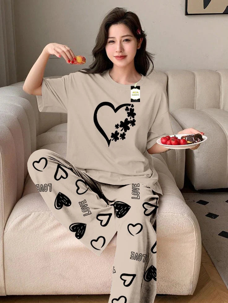 GREY WOMEN HEART Printed Nightwear Set With Love Heart Printed Trousers – Women's Lounge Wear