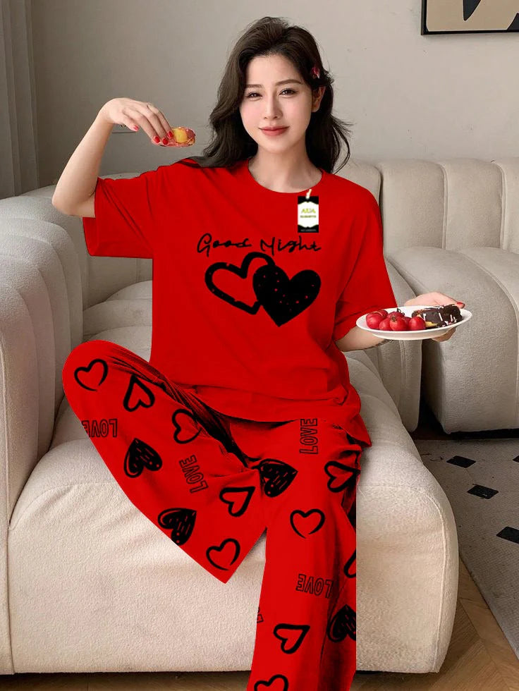 RED GOOD NIGHT Printed Nightwear Set With Love Heart Printed Trousers – Women's Lounge Wear