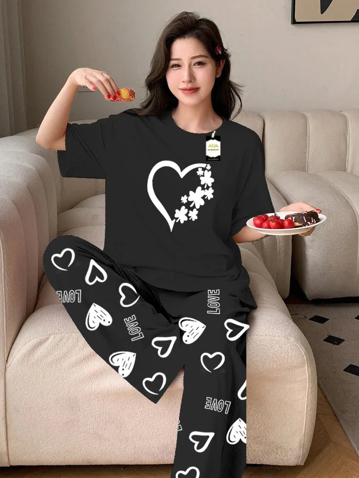 BLACK WOMEN HEART Printed Nightwear Set With Love Heart Printed Trousers – Women's Lounge Wear