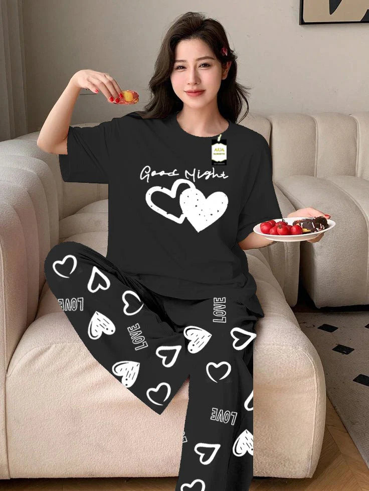 BLACK GOOD NIGHT Printed Nightwear Set With Love Heart Printed Trousers – Women's Lounge Wear