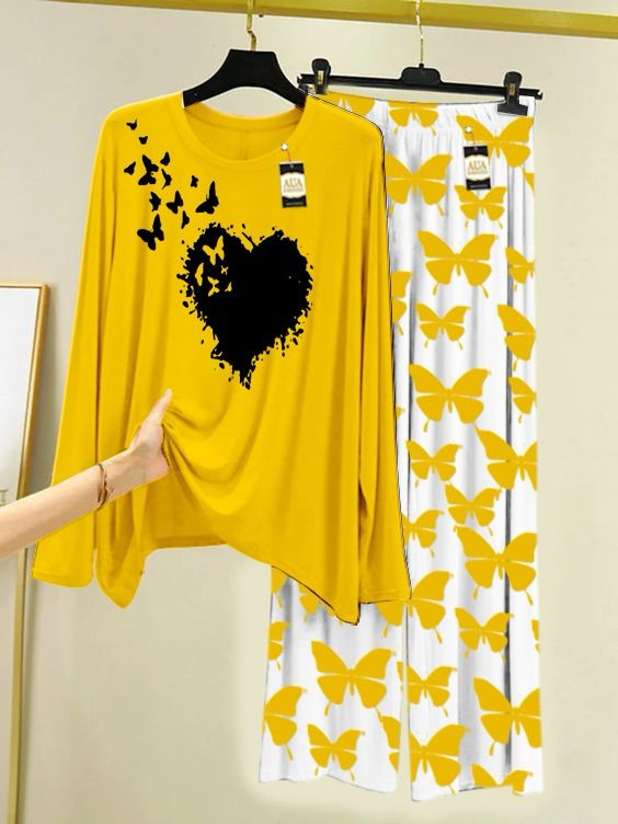 Lounge Wear With Printed Trouser - Orange Yellow - 01