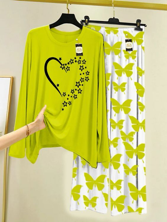 Lounge Wear With Printed Trouser - Green Yellow - 02